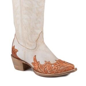 Roper Women's The Natural White Leather Hummingbird Cowboy Boots Cowgirl